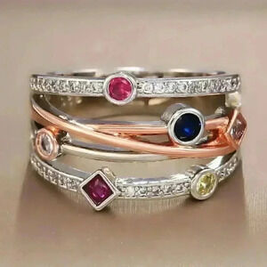 Gorgeous 14k Rose Gold Sterling Silver Diamond Multi Precious Stone Ring